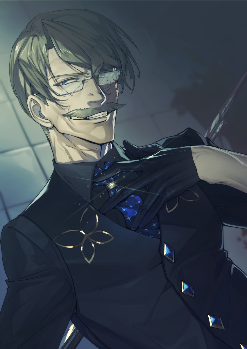 1boy, absurdres, alternate_hairstyle, bangs, black_gloves, blue_eyes, blue_necktie, cocktail_shaker