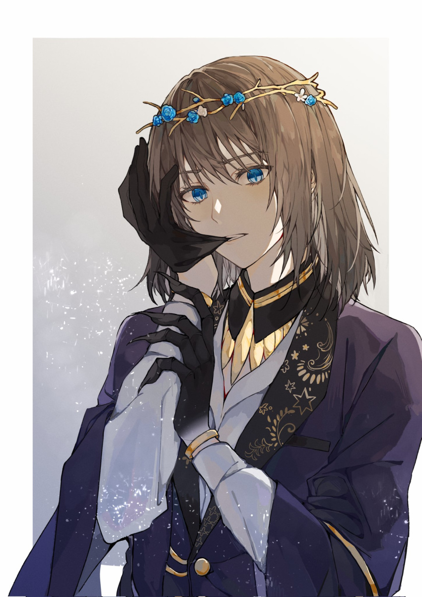 1boy, alternate_hair_color, bangs, biting, black_gloves, black_hair, black_jacket, blue_eyes, blue_flower, blue_rose, bracelet, commentary_request, fate/grand_order, fate_(series), flower, gloves, head_wreath, hexagram, highres, jacket, jewelry, light_blush, long_sleeves, looking_at_viewer, male_focus, no_wings, oberon_(fate), oberon_(overnight_dream)_(fate), official_alternate_costume, rose, shirt, solo, spoilers, star_(symbol), star_of_david, star_print, uncleko5, upper_body, white_flower, white_shirt, wreath