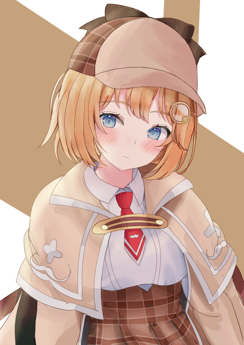 1girl, absurdres, bangs, blonde_hair, blue_eyes, blush, breasts, closed_mouth, collared_shirt, commentary_request, detective, eyebrows_visible_through_hair, hat, highres, hololive, hololive_english, long_sleeves, looking_to_the_side, mifu18, monocle, necktie, pleated_skirt, red_necktie, shirt, short_hair, simple_background, skirt, solo, two-tone_background, upper_body, virtual_youtuber, watson_amelia, white_shirt