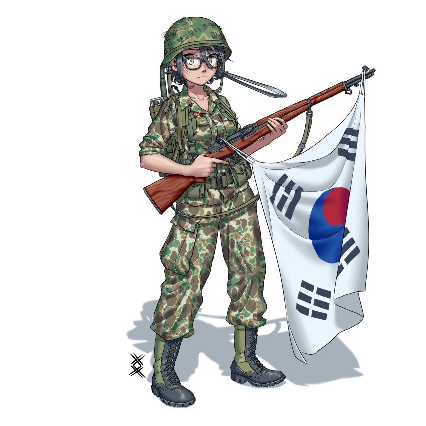 1girl, absurdres, black_hair, boots, brown_eyes, camouflage, camouflage_jacket, camouflage_pants