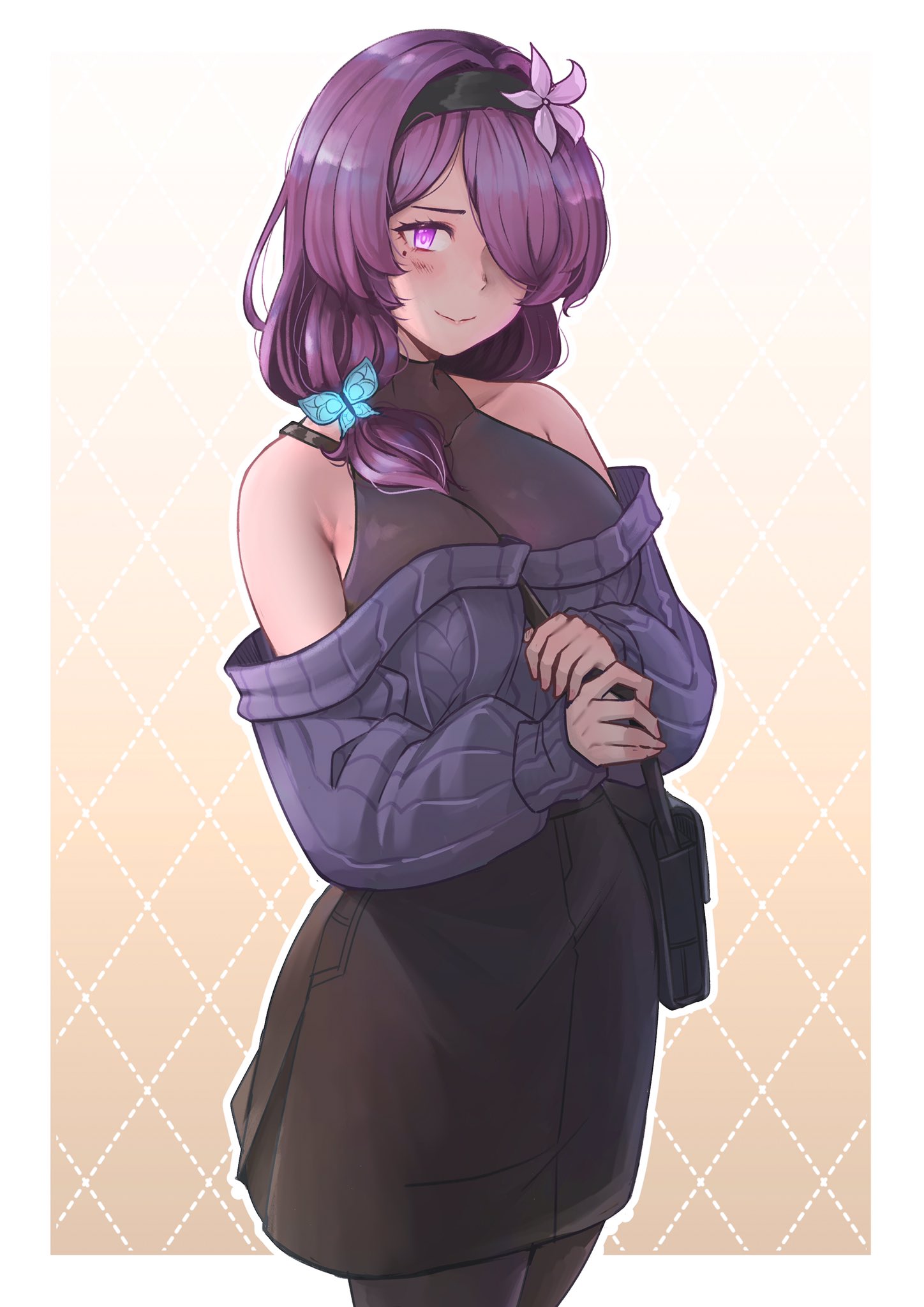 1girl, aran_sweater, bag, between_breasts, black_hairband, black_legwear, black_skirt, blue_sweater