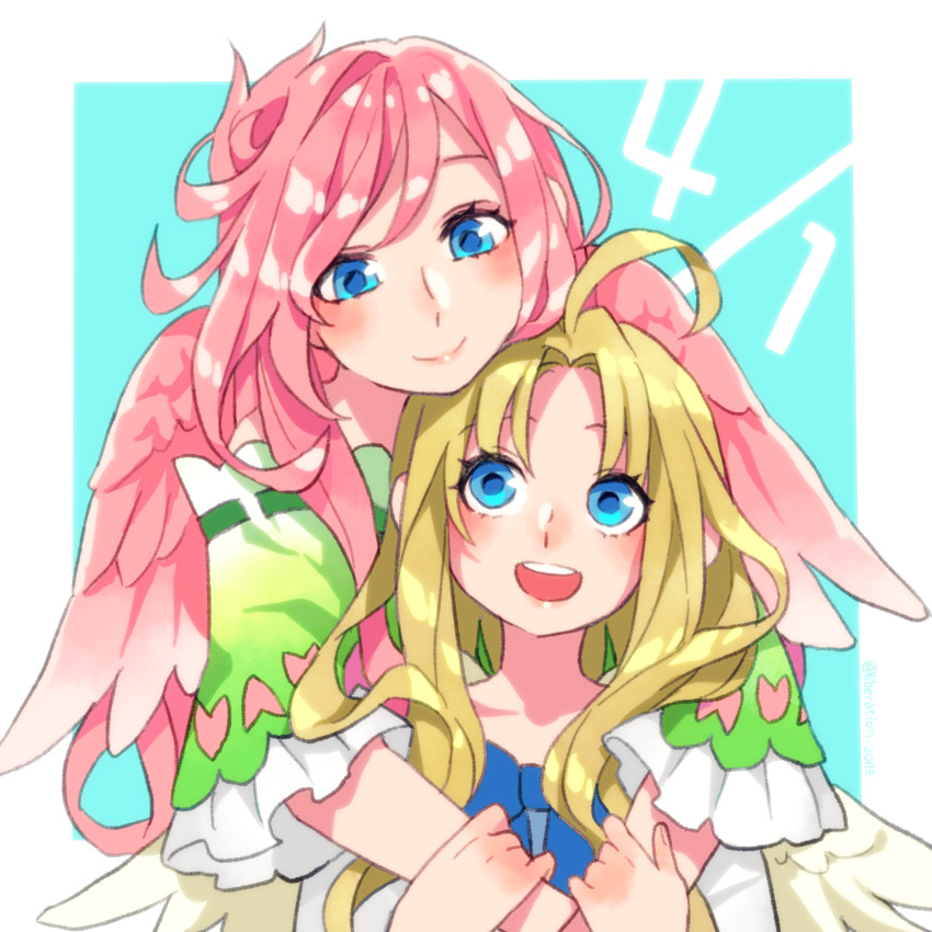 2girls, bird_wings, blonde_hair, dress, dual_persona, feathered_wings, firo_(tate_no_yuusha_no_nariagari), green_dress