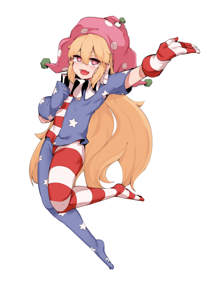 1girl, american_flag_dress, american_flag_gloves, american_flag_legwear, blonde_hair, clownpiece, doro_au, dress
