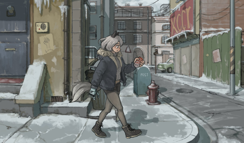 animal_ears, boots, can, cheek_bulge, cracked_floor, full_body, grey_hair, highres