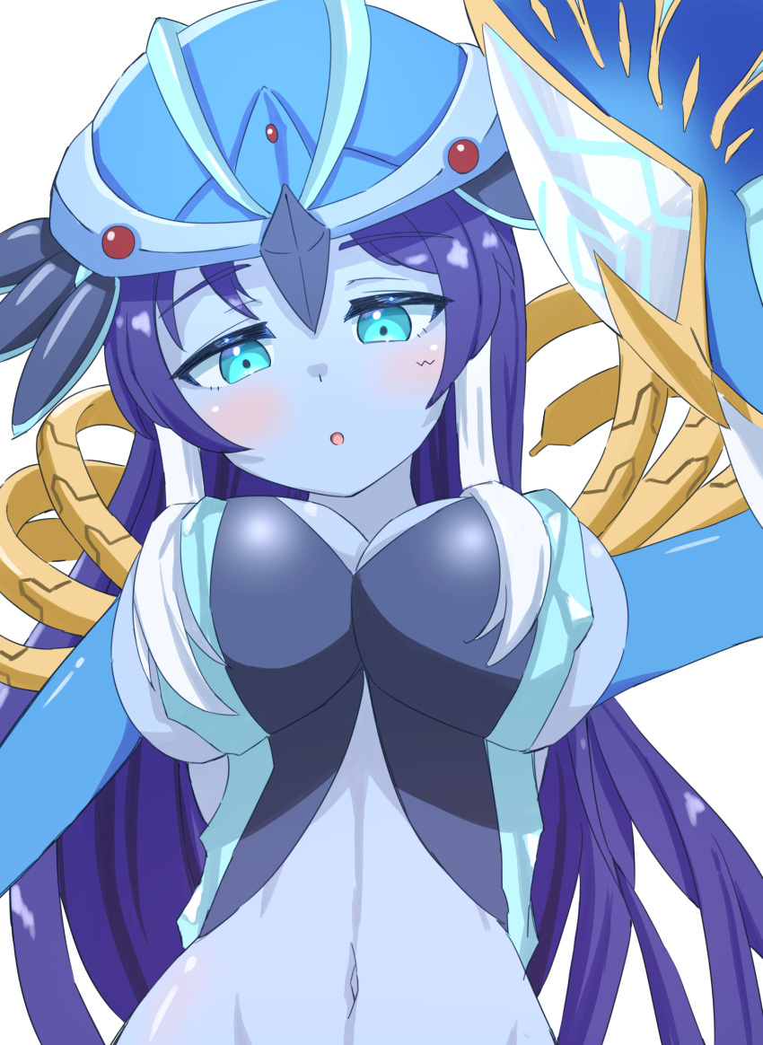 1girl, aqua_eyes, bare_shoulders, bird_girl, blue_skin, breasts, colored_skin, cowboy_shot
