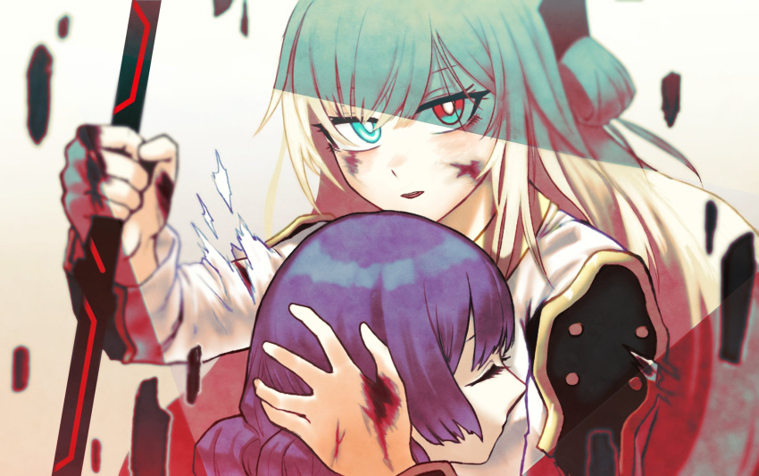 2girls, ahoge, blonde_hair, dress, duel_monster, green_eyes, hair_rings, hat