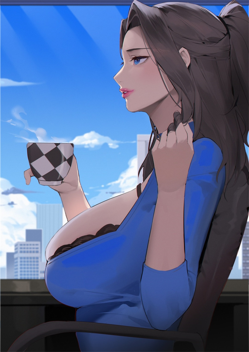 1girl, alios_arvin, black_bra, blue_eyes, blue_shirt, blue_sky, bra, bra_peek