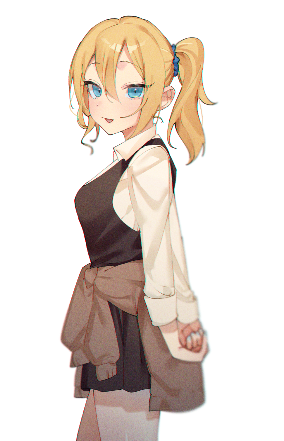 1girl, arms_behind_back, bangs, blonde_hair, blue_eyes, blush, breasts, cowboy_shot