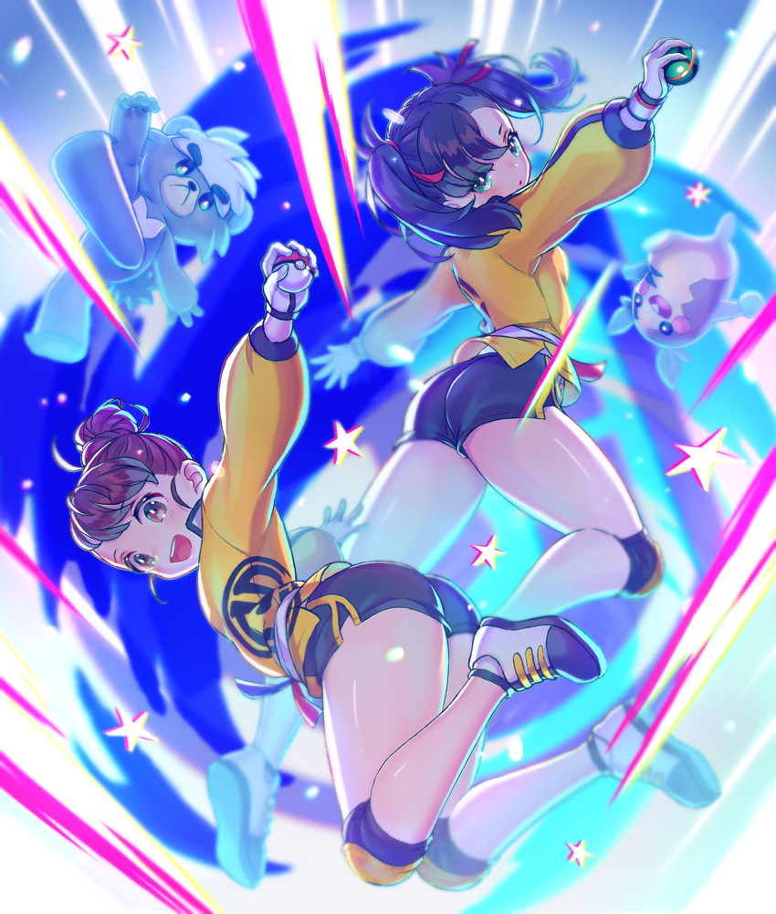2girls, ass, asymmetrical_bangs, bangs, black_hair, black_shorts, blush, breasts
