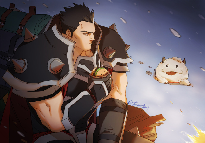1boy, armor, bag, black_eyes, black_hair, burger, darius_(league_of_legends), eating
