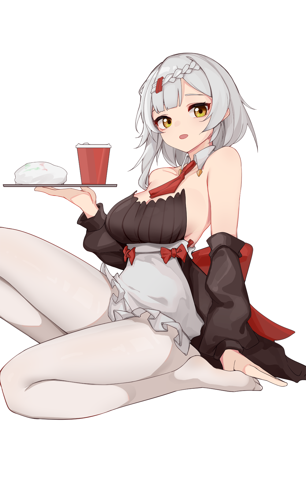 1girl, apron, bare_shoulders, barefoot, braid, breasts, collarbone, cup