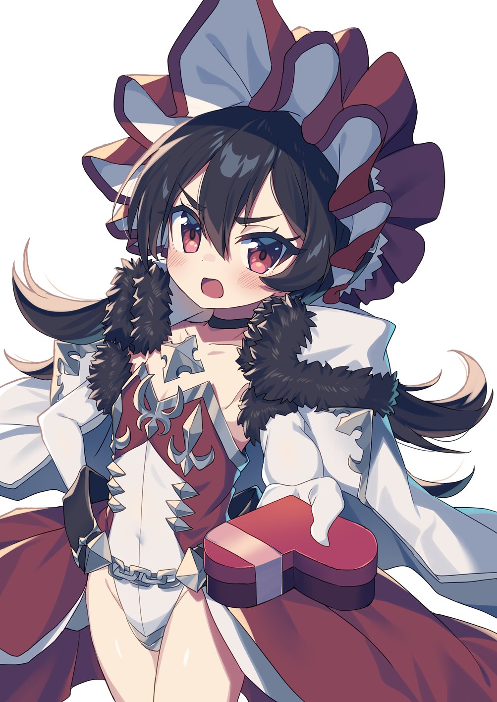 1girl, black_hair, blush, bonnet, box, cape, choker, cloak, commission, elbow_gloves, fur-trimmed_cape, fur-trimmed_cloak, fur-trimmed_gloves, fur_trim, gift, gift_box, gloves, hair_between_eyes, heart-shaped_box, highleg, highleg_leotard, highres, holding, holding_gift, ilya_(princess_connect!), incoming_gift, leotard, long_hair, looking_at_viewer, open_mouth, princess_connect!, red_eyes, simple_background, skeb_commission, solo, wagashi928, white_background, white_cloak, white_gloves