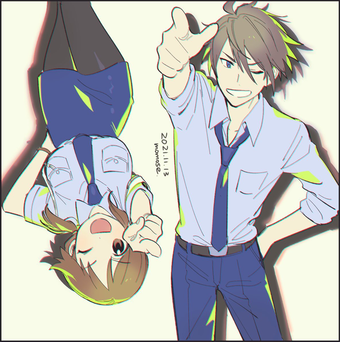 1boy, 1girl, akuno_hideo, belt, black_legwear, blue_eyes, blue_necktie, blue_pants