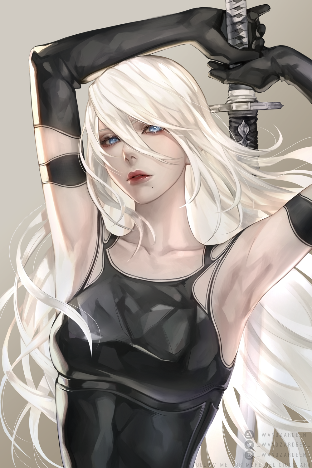 1girl, android, armpits, arms_up, artstation_username, bare_shoulders, blue_eyes, breasts