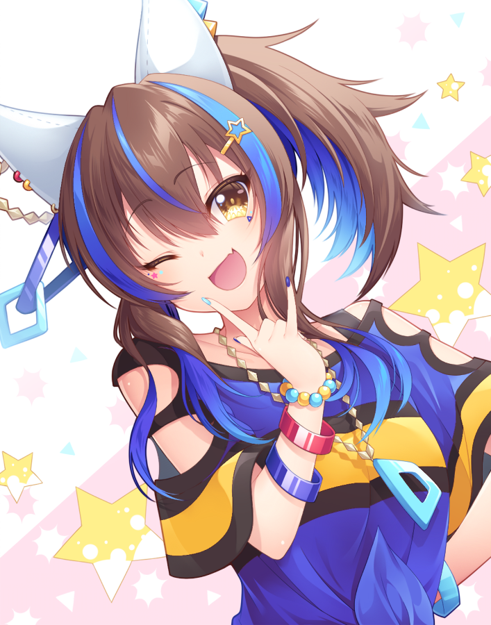 1girl, \m/, bangs, bead_bracelet, beads, blue_hair, blue_shirt, bracelet