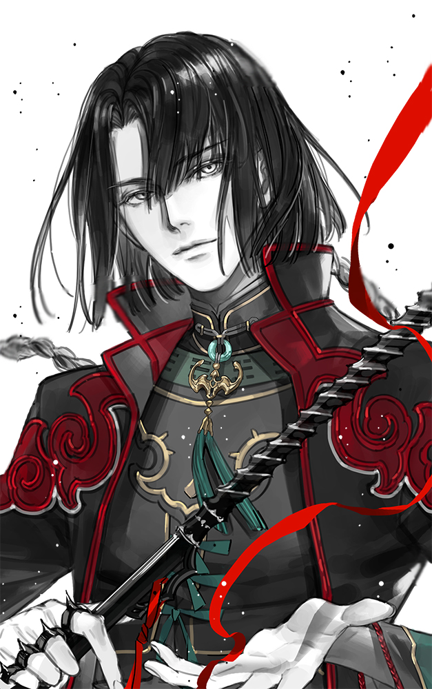 1boy, bangs, black_coat, black_hair, braid, chinese_clothes, closed_mouth, coat