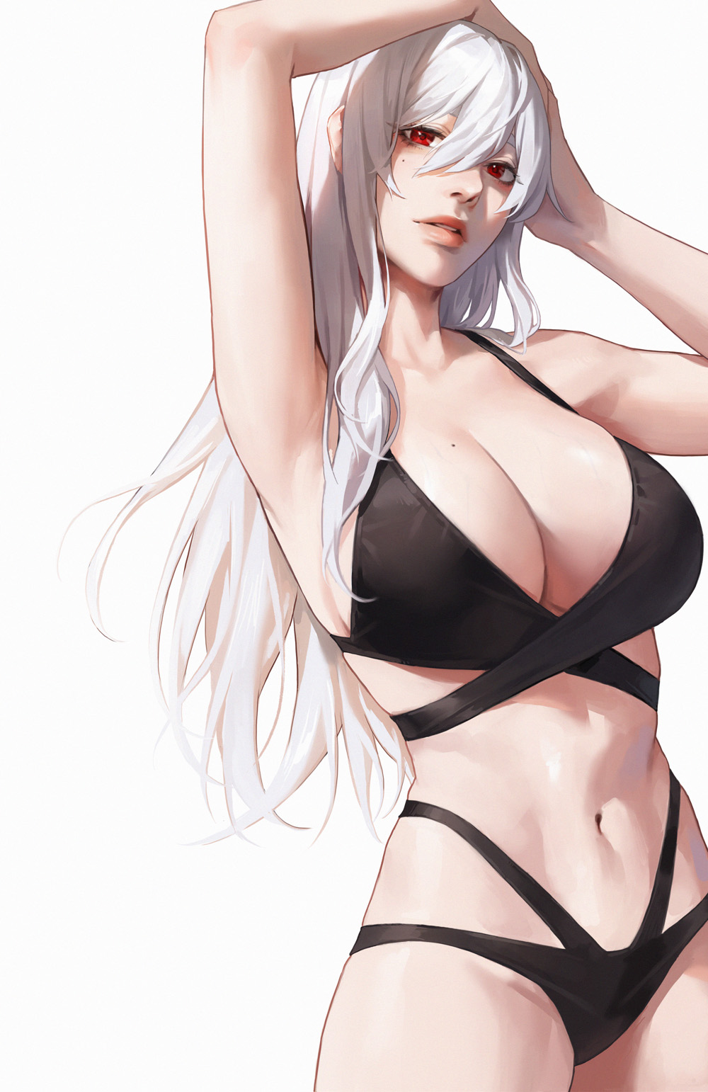 1girl, arm_up, armpits, bare_shoulders, bikini, black_bikini, breasts, cocoro_moto