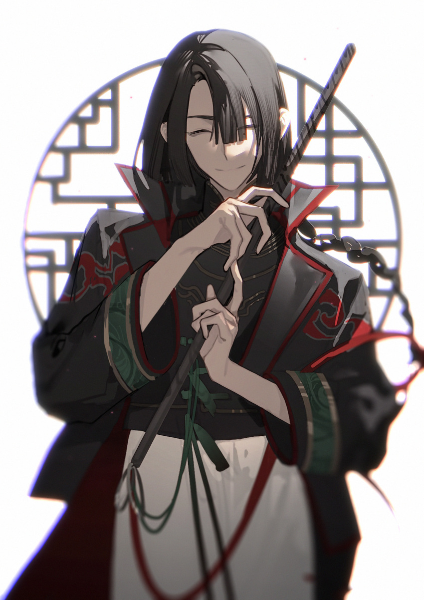 1boy, bangs, black_coat, black_hair, braid, chinese_clothes, chinese_commentary, closed_eyes