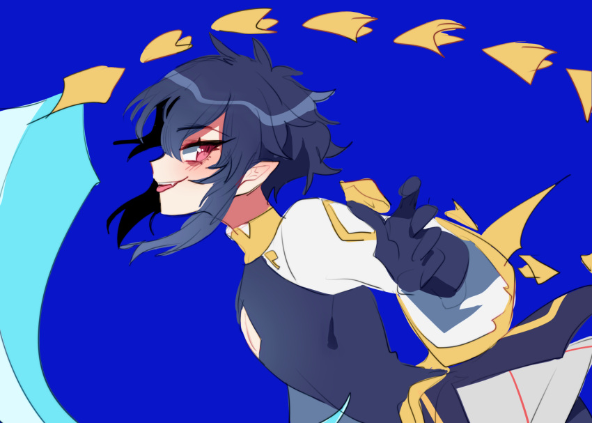 1boy, black_hair, blue_background, blush, facing_to_the_side, fang, gloves, highres