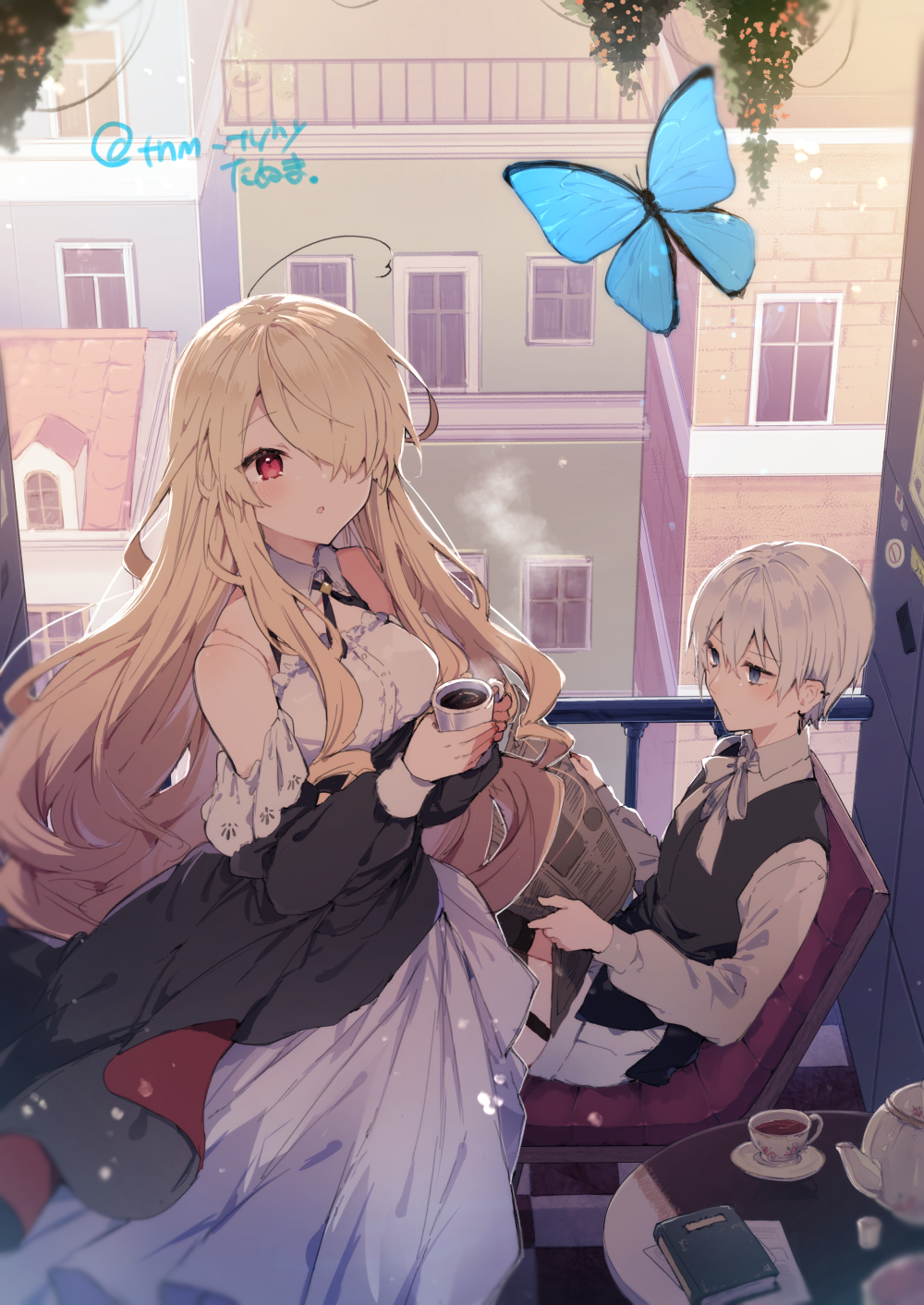 1boy, 1girl, ahoge, awestruck, balcony, bare_shoulders, blonde_hair, blue_eyes