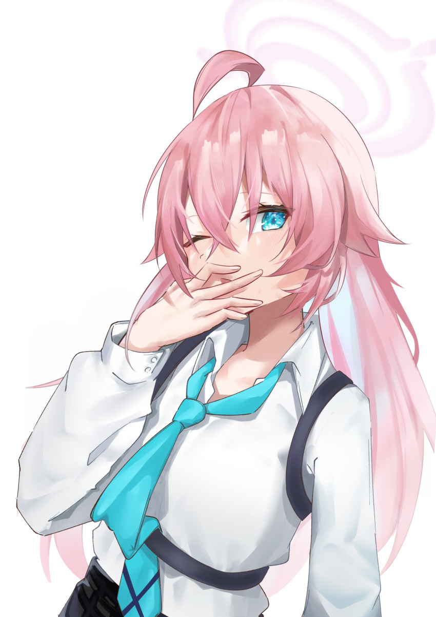 1girl, absurdres, ahoge, blue_archive, blue_eyes, blue_necktie, chest_harness, collared_shirt, covering_mouth, halo, hand_over_own_mouth, hand_up, harness, highres, honto_uni029, hoshino_(blue_archive), light_blush, long_hair, long_sleeves, necktie, one_eye_closed, open_collar, pink_hair, shirt, simple_background, solo, upper_body, white_background, white_shirt