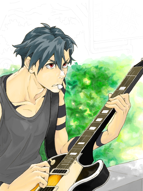 blue_hair, guitar, instrument, kamina, male, red_eyes, ru&amp;pauda_(artist), solo, tank_top, tattoo, tegaki, tengen_toppa_gurren_lagann