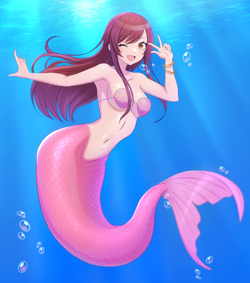 1girl, absurdres, bikini, bikini_top_only, breasts, brown_hair, bubble, highres, idolmaster, idolmaster_shiny_colors, kiria_ai, large_breasts, long_hair, mermaid, monster_girl, monsterification, navel, oosaki_amana, shell, shell_bikini, sideboob, solo, swimsuit, underwater, v, yellow_eyes