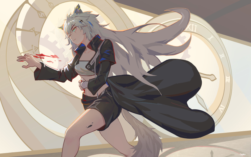 1girl, absurdres, animal_ears, arknights, bandeau, bangs, black_coat, black_shorts