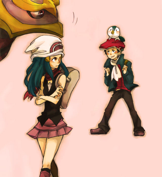 1boy, 1girl, alternate_costume, animal_on_head, bad_id, beanie, beret, bird, bird_on_head, black_hair, blue_eyes, blue_hair, blush, giratina, hat, hikari_(pokemon), kouki_(pokemon), kouki_(pokemon)_(remake), mekabu_(tomato324), piplup, pokemon, pokemon_(creature), pokemon_(game), pokemon_dppt, scarf, skirt, sweat