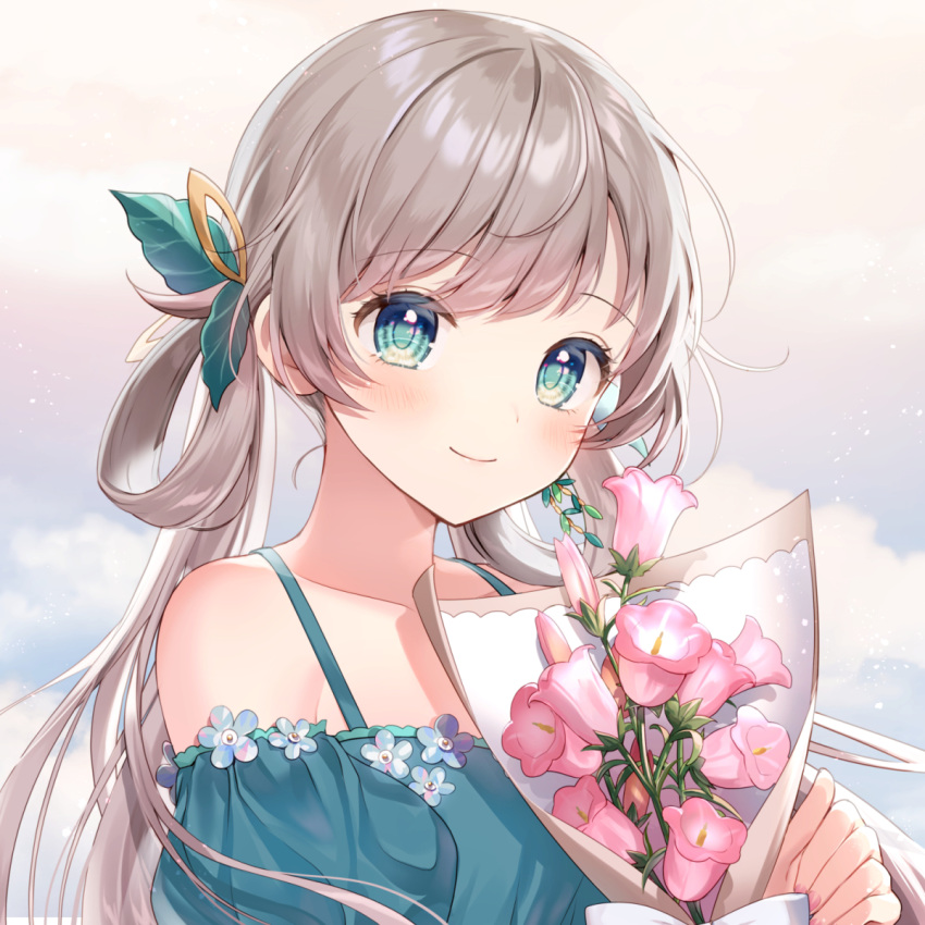 1girl, aqua_shirt, bare_shoulders, blush, bouquet, closed_mouth, collarbone, commentary_request