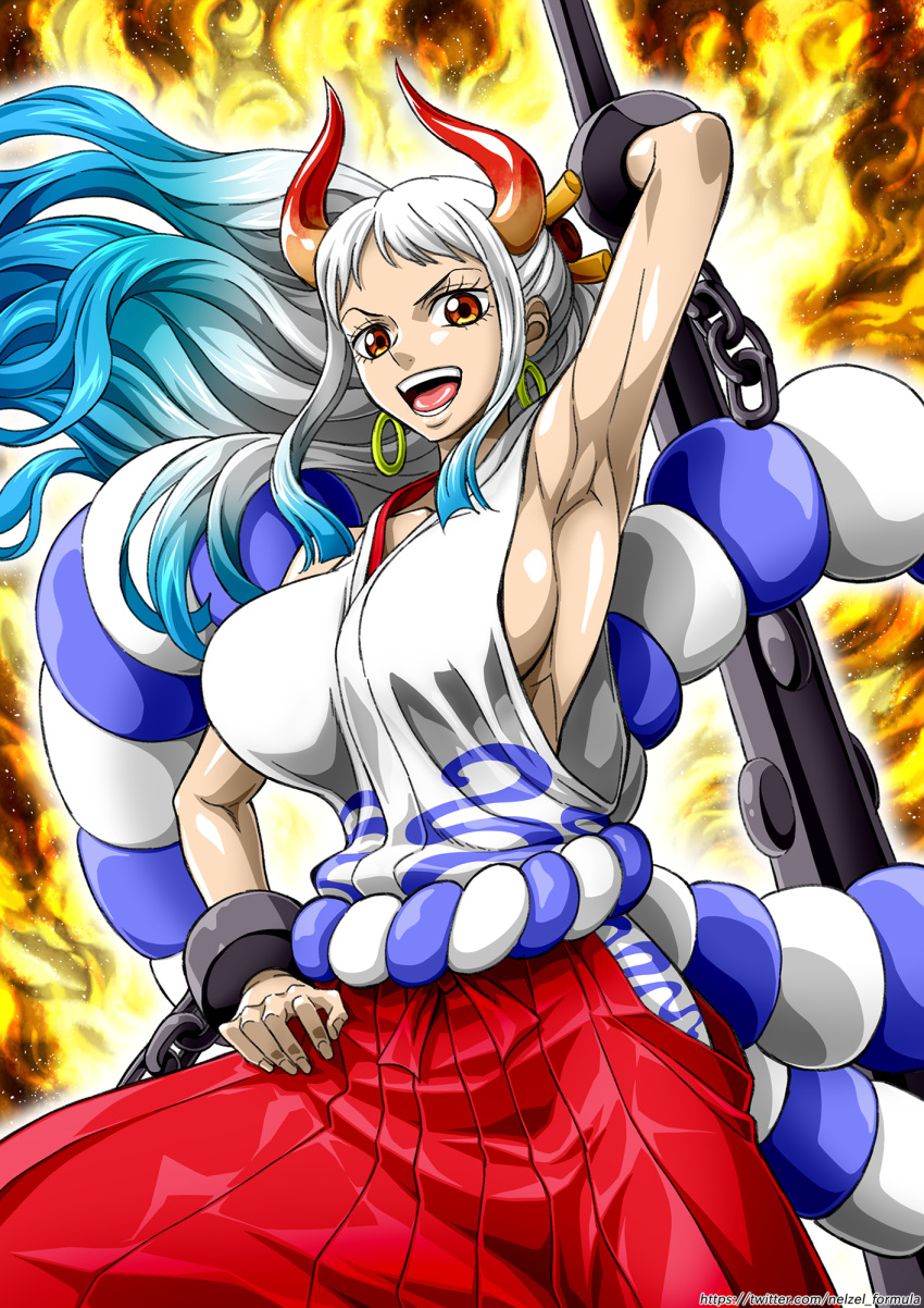 1girl, arm_behind_head, arm_up, armpits, bare_arms, breasts, chain, club_(weapon)