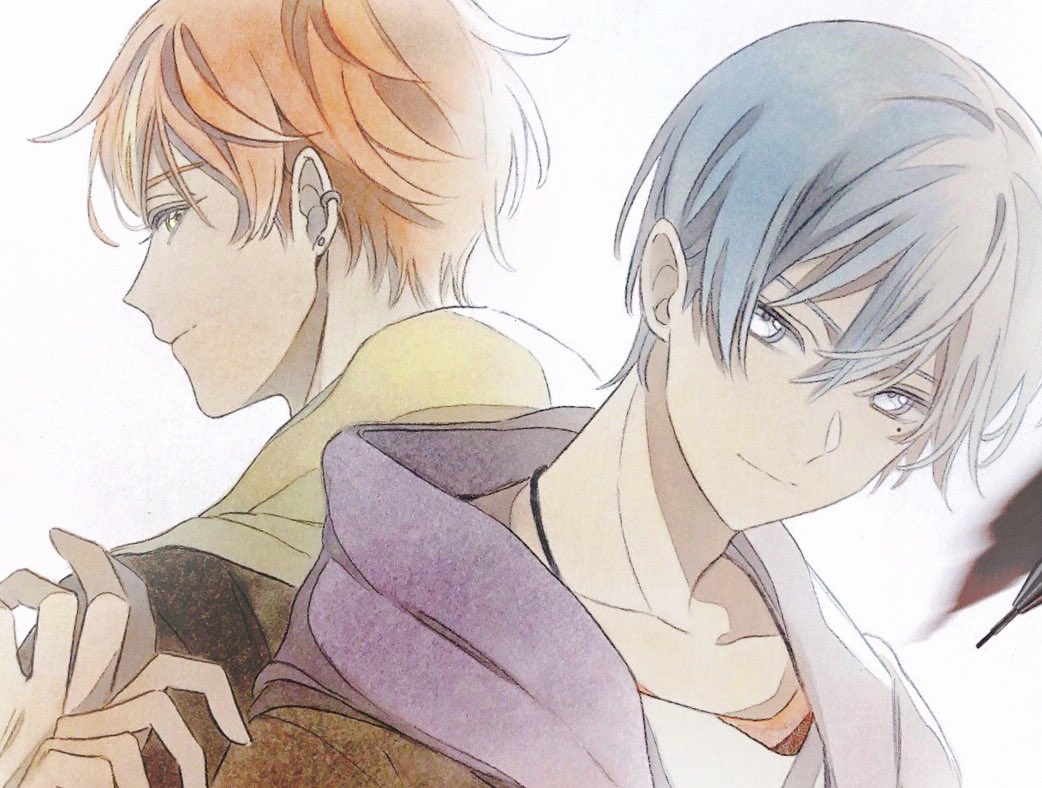 2boys, aoyagi_touya, back-to-back, black_hoodie, blonde_hair, blue_hair, closed_mouth, collarbone