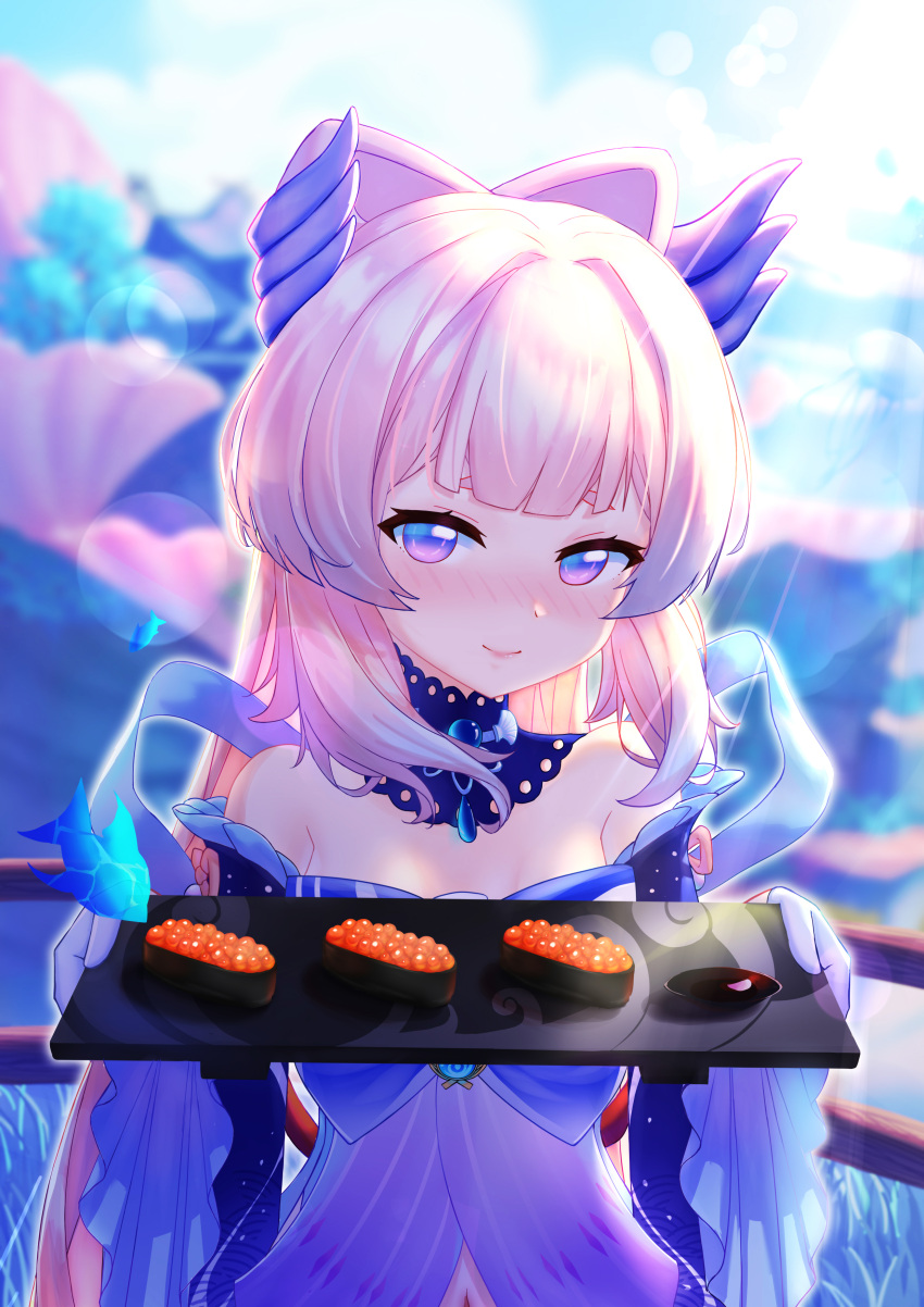 1girl, absurdres, bangs, bare_shoulders, blue_sky, blunt_bangs, blush, bow