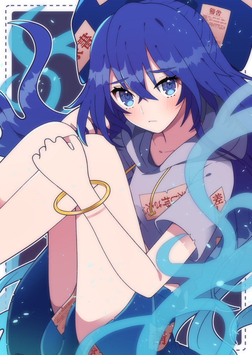 1girl, :/, absurdres, bangle, bangs, bare_legs, blue_bow, blue_eyes, blue_hair, blue_skirt, blush, bow, bracelet, closed_mouth, collarbone, debt, eyelashes, feet_out_of_frame, flat_chest, furrowed_brow, grey_hoodie, hair_between_eyes, hair_bow, highres, hood, hoodie, jewelry, knees_up, lips, long_hair, looking_at_viewer, miniskirt, outside_border, short_sleeves, simple_background, sitting, skirt, solo, thighs, torn_hoodie, touhou, very_long_hair, yorigami_shion, yoriteruru