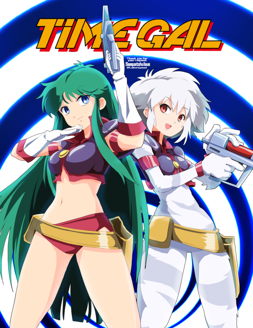 2girls, armband, armor, bangs, bikini, bikini_armor, blue_eyes, bodysuit