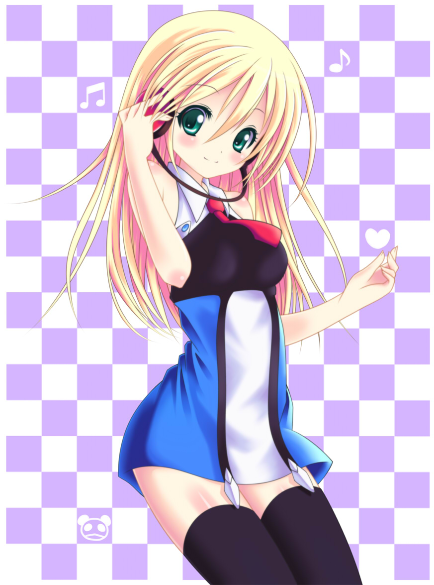 bare_shoulders, blazblue, blonde_hair, female, green_eyes, headphones, long_hair, necktie