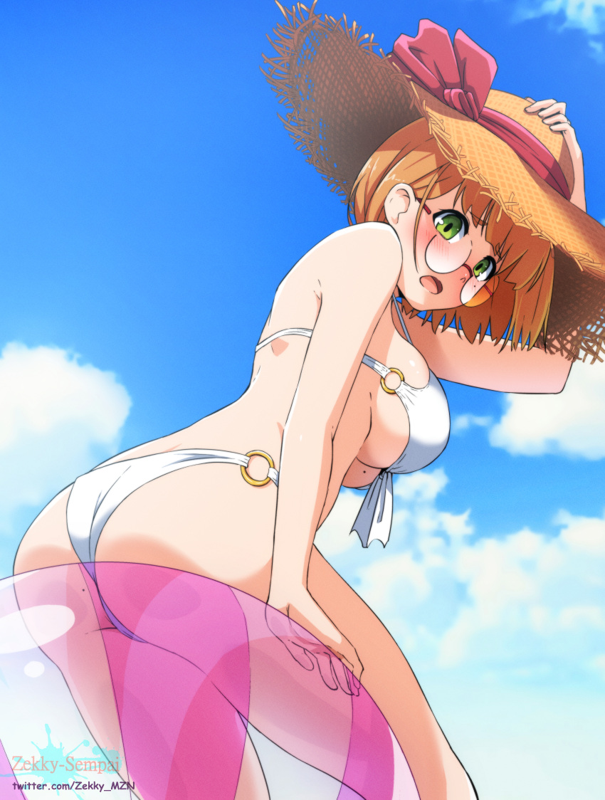 1girl, absurdres, ass, bangs, beach, bikini, blue_sky, blush, breasts, clouds, day, english_commentary, eyebrows_visible_through_hair, glasses, green_eyes, hat, hat_ribbon, highres, innertube, looking_at_viewer, medium_breasts, o-ring, o-ring_bikini, o-ring_swimsuit, open_mouth, orange_hair, original, outdoors, ribbon, short_hair, sideboob, sitting, sitting_on_object, sky, solo, straw_hat, sun_hat, swimsuit, thick_eyebrows, thighs, twitter_username, under_boob, watermark, white_bikini, zekkymonzz