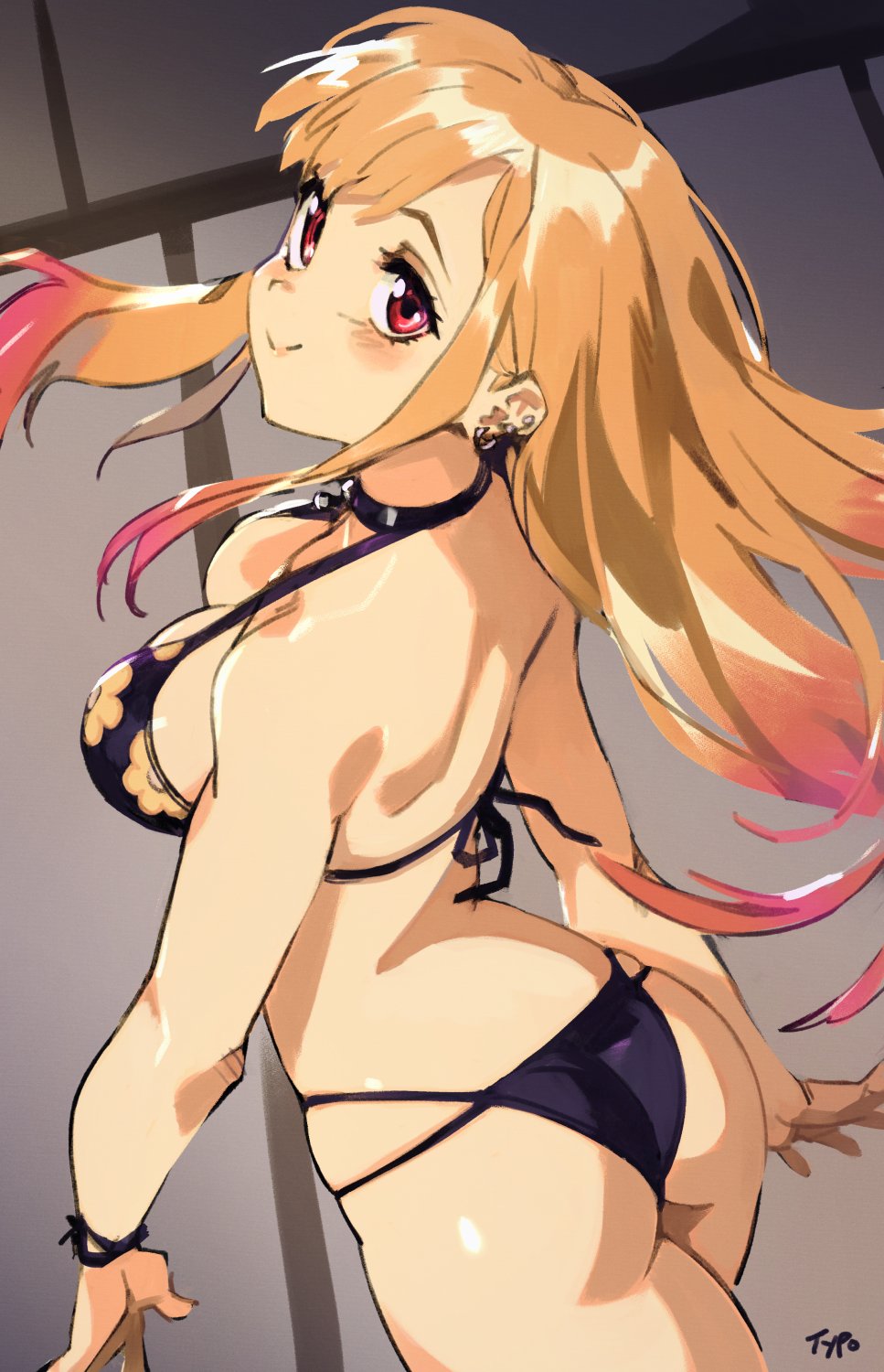 1girl, artist_name, ass, bare_arms, bare_shoulders, bikini, black_bikini, black_choker