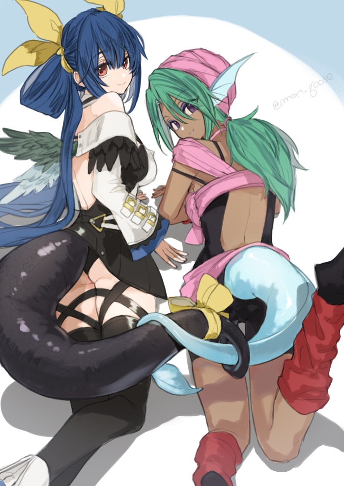 2girls, angel_wings, arm_support, artist_name, ass, asymmetrical_wings, back, bandana, bare_shoulders, black_legwear, black_panties, blue_eyeshadow, blue_hair, blue_lips, breasts, choker, dark-skinned_female, dark_skin, dizzy_(guilty_gear), eyeshadow, fish_girl, from_behind, green_hair, guilty_gear, guilty_gear_xrd, hair_ribbon, head_fins, juri_(yu_yu_hakusho), large_breasts, long_hair, looking_at_viewer, looking_back, maka_(morphine), makeup, monster_girl, multiple_girls, panties, ribbon, sideboob, skin_tight, smile, solo, tail, tail_ornament, tail_ribbon, tail_wrap, thigh-highs, thigh_strap, thighs, twintails, twitter_username, underwear, violet_eyes, wings, yellow_ribbon, yu_yu_hakusho