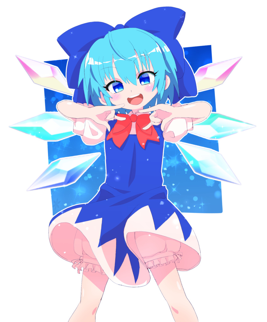 1girl, \m/, ahoge, bloomers, blue_bow, blue_dress, blue_eyes, blue_hair