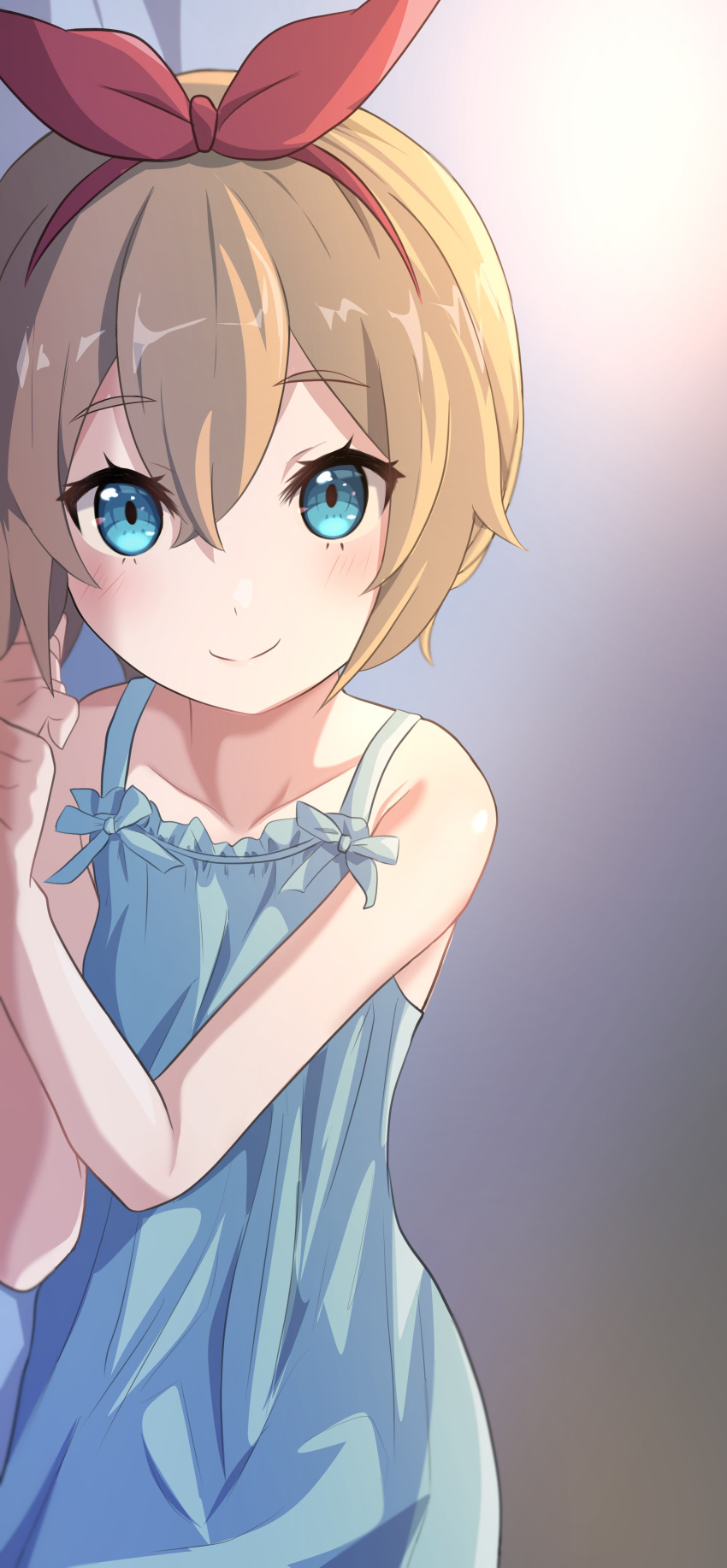 1girl, absurdres, bangs, bare_arms, blonde_hair, blue_dress, blue_eyes, bow