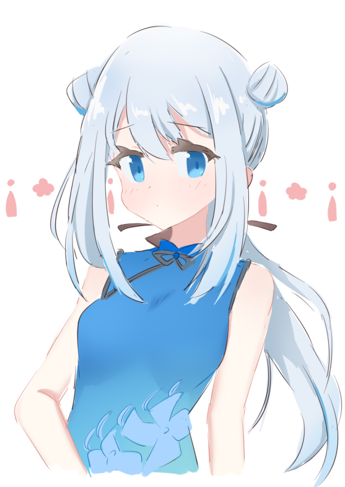 1girl, alternate_hairstyle, ban_hada, bangs, blue_dress, blue_eyes, blue_hair, blush