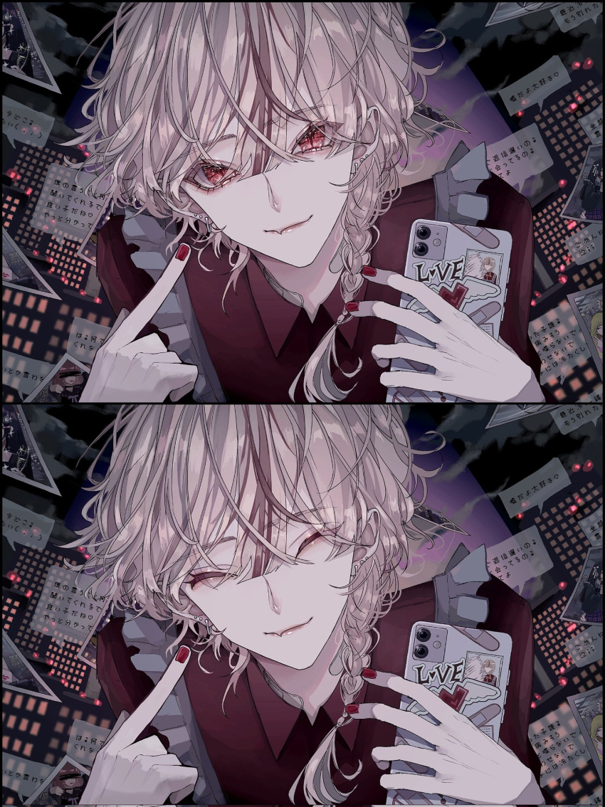 1boy, apron, bangs, blonde_hair, blunt_bangs, braid, collared_shirt, fangs, frilled_apron, frills, highres, holding, holding_phone, light_smile, maid, male_focus, medium_hair, multicolored_hair, original, phone, red_nails, red_shirt, redhead, sasame_20, shirt, single_braid, solo, streaked_hair, tied_hair