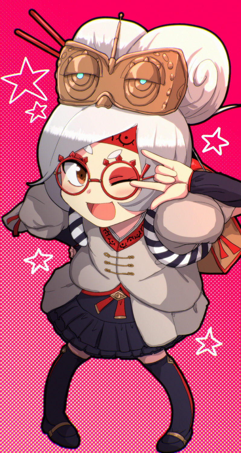 1girl, :d, \m/, backpack, bag, black_footwear, black_skirt, boots, eyeshadow, eyewear_on_head, grey_hair, grey_shirt, hair_ornament, hair_stick, highres, hiramine_akira, knee_boots, leaning_forward, makeup, one_eye_closed, pink_background, purah, shirt, short_eyebrows, skirt, smile, solo, star_(symbol), the_legend_of_zelda, the_legend_of_zelda:_breath_of_the_wild