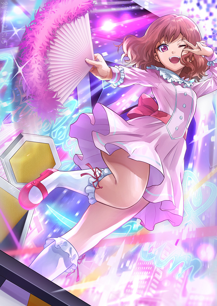 1girl, atachi_mimi, breasts, commentary, dress, eyebrows_visible_through_hair, eyes_visible_through_hair, hand_fan