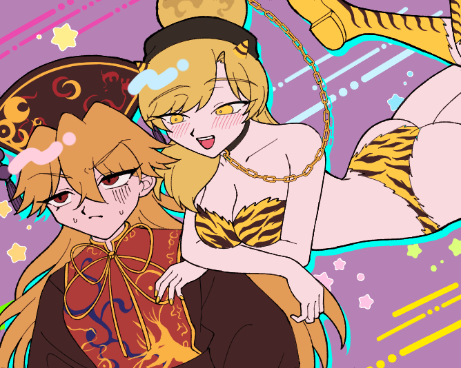 0339_kawaii, animal_print, bangs, bare_shoulders, black_choker, black_headwear, blonde_hair, blush