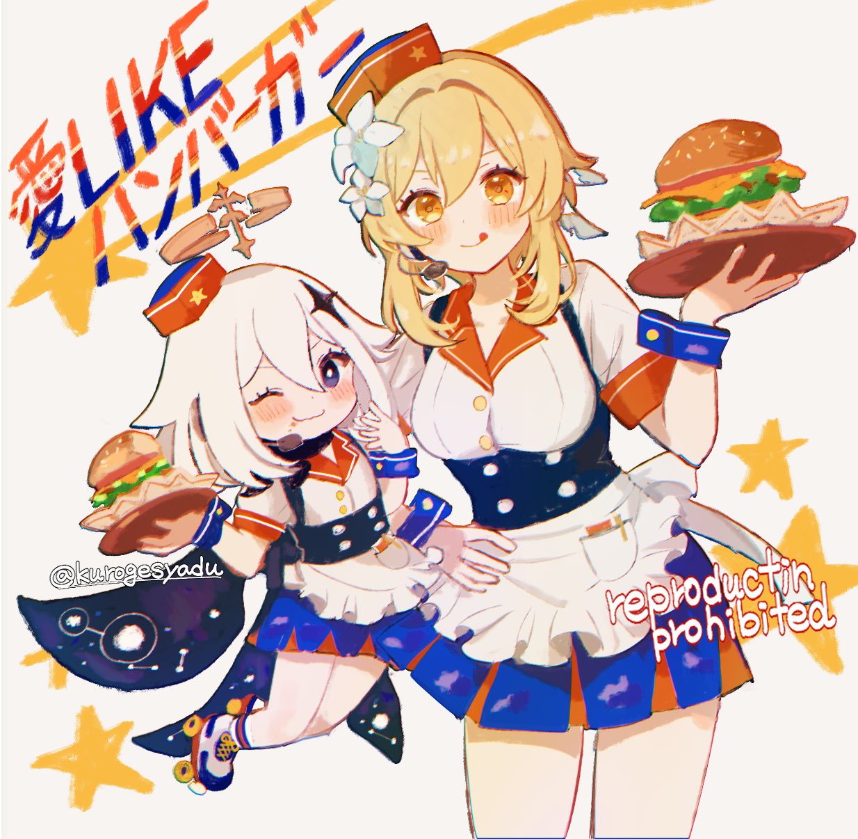 2girls, :q, apron, blonde_hair, blue_eyes, blush, burger, commentary