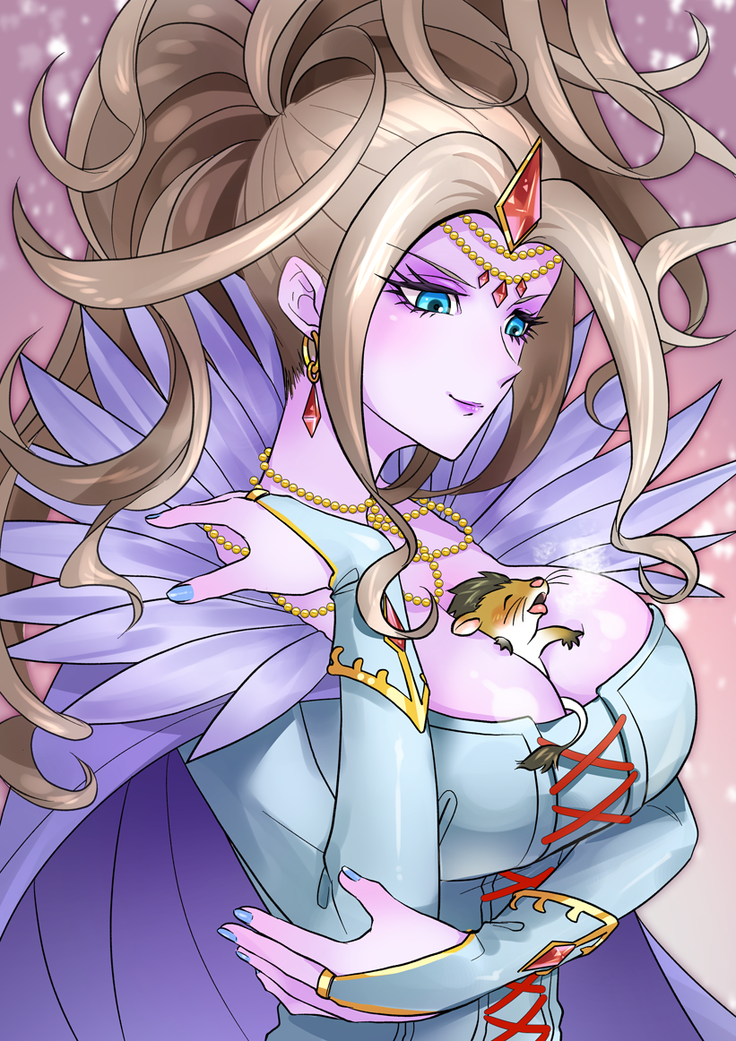 1girl, between_breasts, blue_dress, blue_eyes, blue_gloves, breasts, bridal_gauntlets, cape