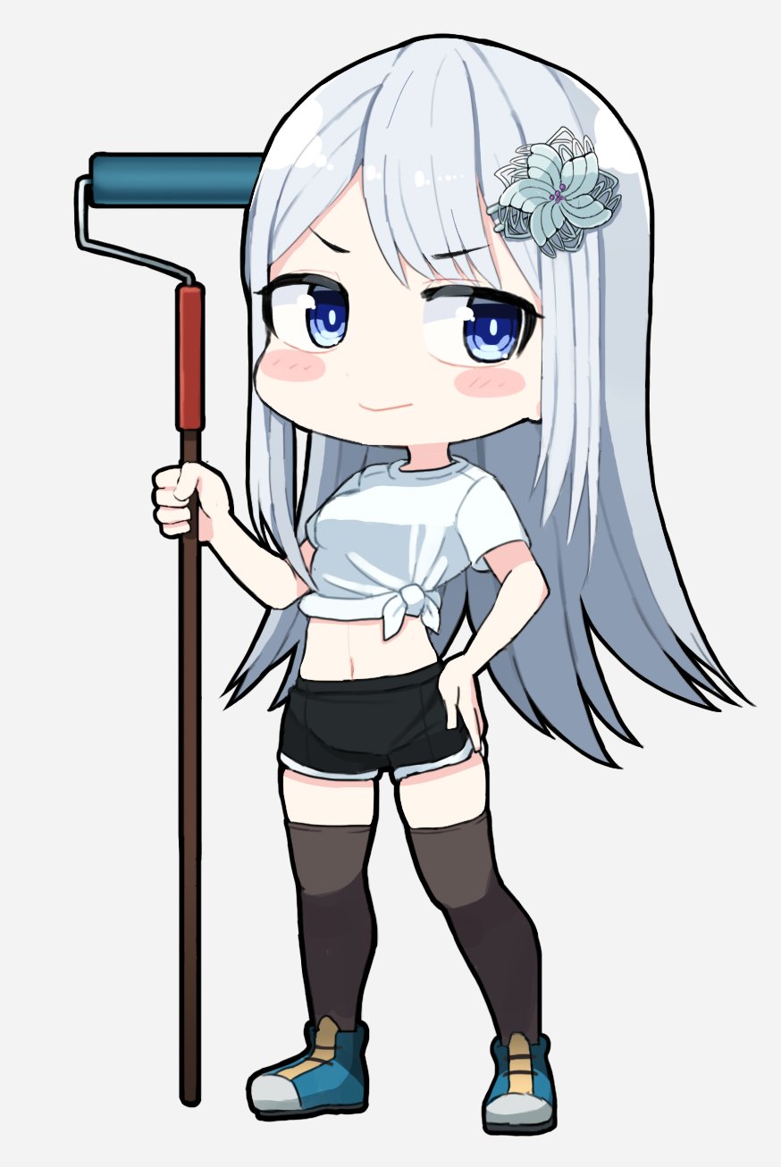 1girl, alternate_costume, ban_hada, bangs, black_legwear, blue_eyes, blue_footwear, breasts, chibi, eyebrows_visible_through_hair, highres, holding, korean_commentary, long_hair, looking_to_the_side, medium_breasts, midriff, navel, nijisanji, nijisanji_kr, paint_roller, shirt, shoes, silver_hair, sizeaton, smile, sneakers, solo, thigh-highs, tied_shirt, v-shaped_eyebrows, virtual_youtuber, white_shirt