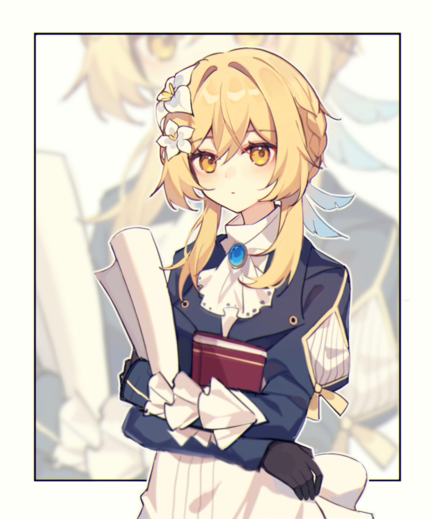 1girl, ascot, bangs, black_gloves, blonde_hair, blue_jacket, book, brooch